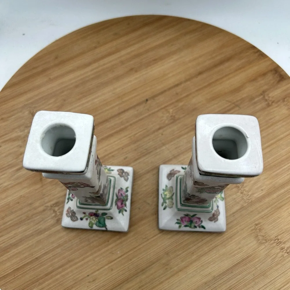 Pair Chinese Porcelain Candle Holders Famille Rose Style Square Base Vintage‎